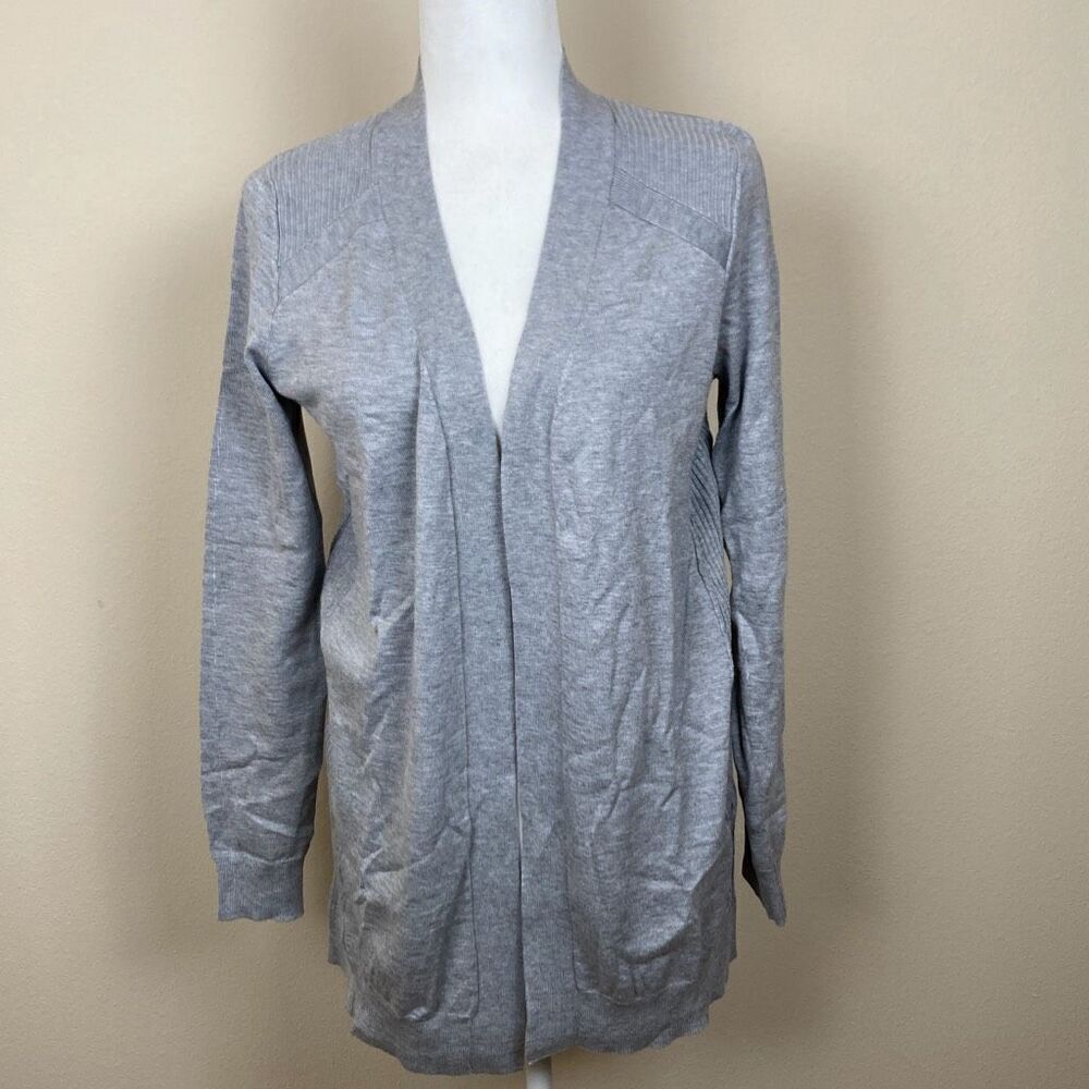 Love Ellie Gray Open Front Longline Cardigan Sweater Ribbed Detail Womens Medium